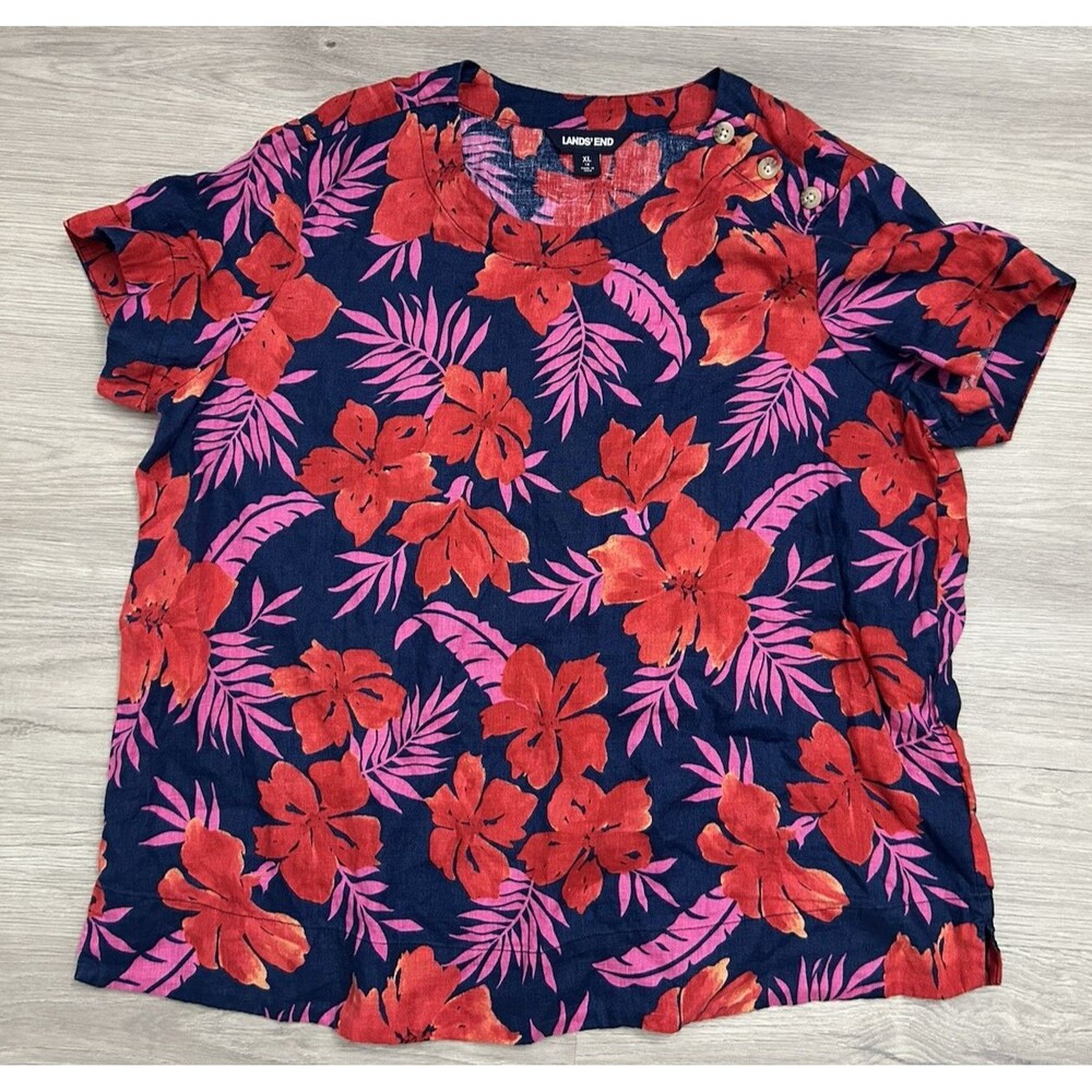 Lands End 100% Linen Tropical Floral Short Sleeve Top XL Resort Vacation Beachy